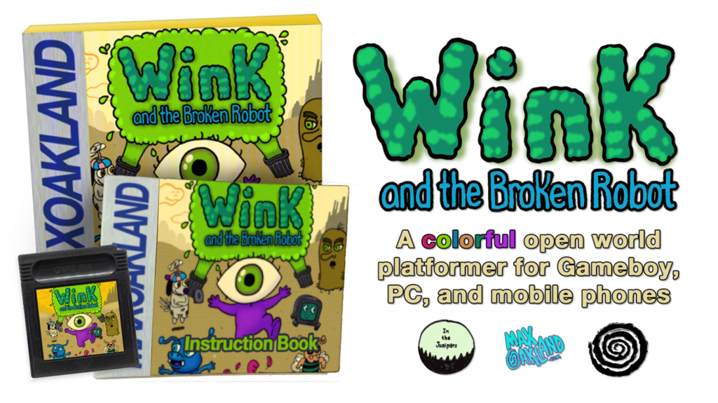 Wink and the broken robot image showing the box, the cartridge, and the instruction book for the physical Gameboy, Gameboy Color, and Gameboy Advance game known as Wink and the Broken Robot