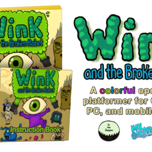 Wink and the broken robot image showing the box, the cartridge, and the instruction book for the physical Gameboy, Gameboy Color, and Gameboy Advance game known as Wink and the Broken Robot