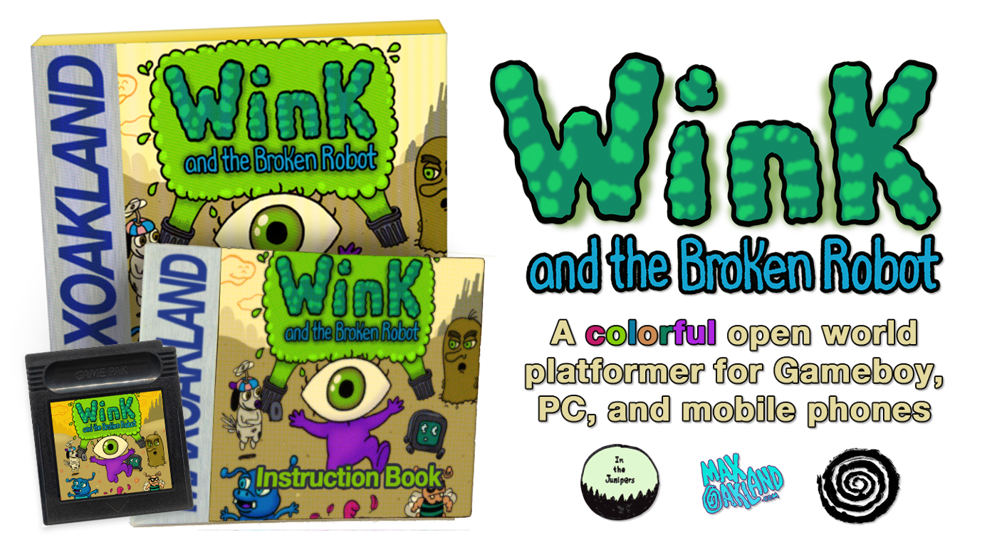 Wink and the broken robot image showing the box, the cartridge, and the instruction book for the physical Gameboy, Gameboy Color, and Gameboy Advance game known as Wink and the Broken Robot