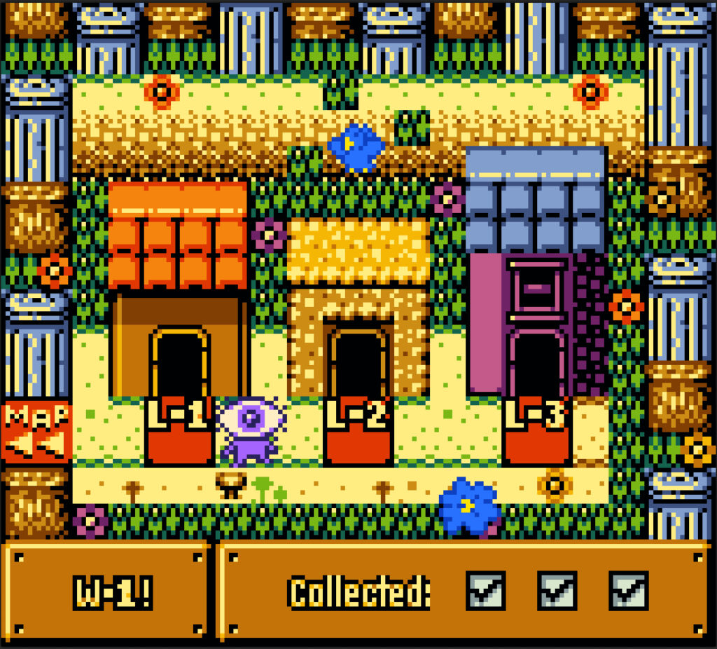 Scene of world 1 on the map screen from Wink and the Broken Robot for Gameboy Color