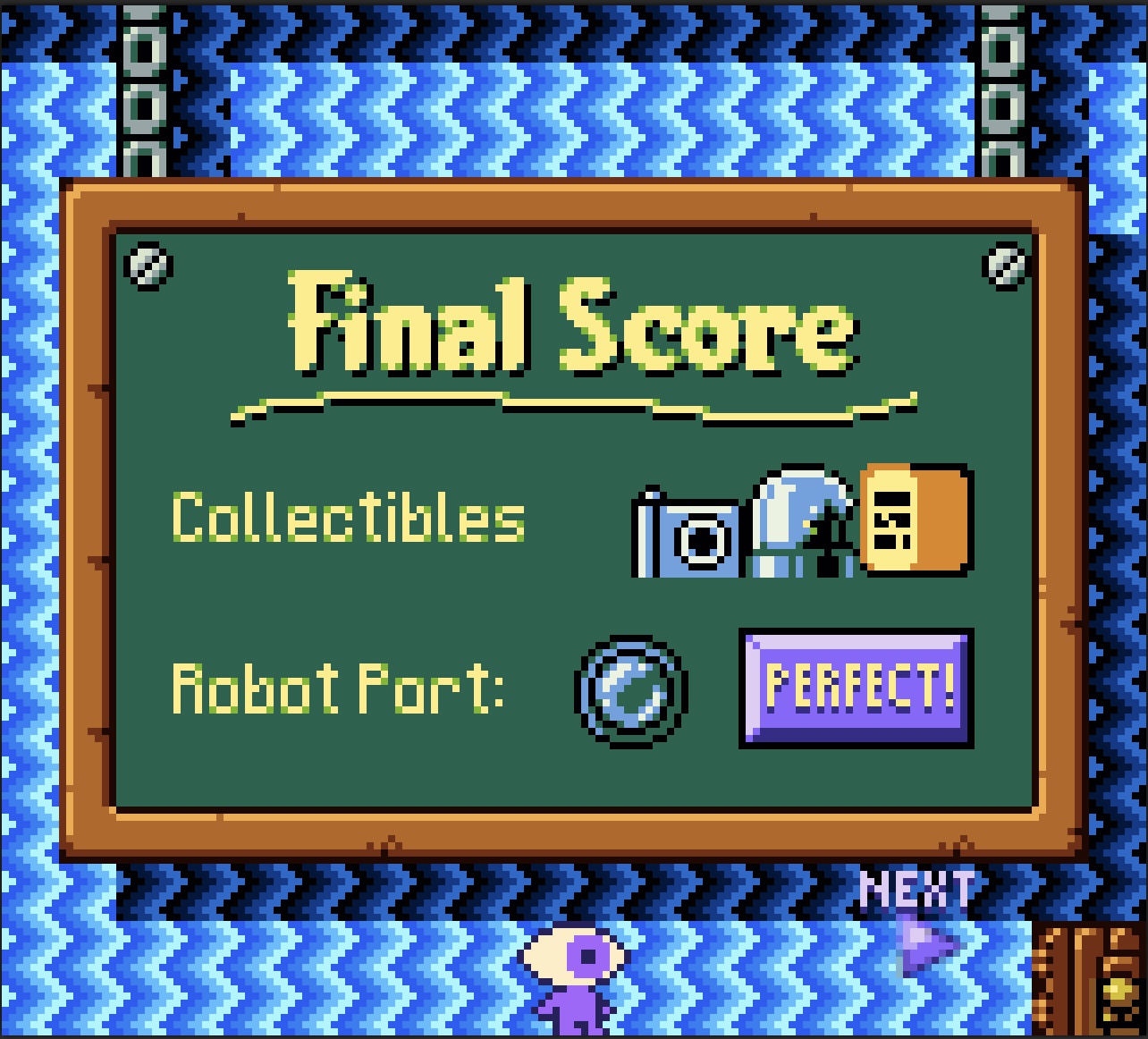 Tallying up a final score after world 4 from Wink and the Broken Robot for Gameboy Color