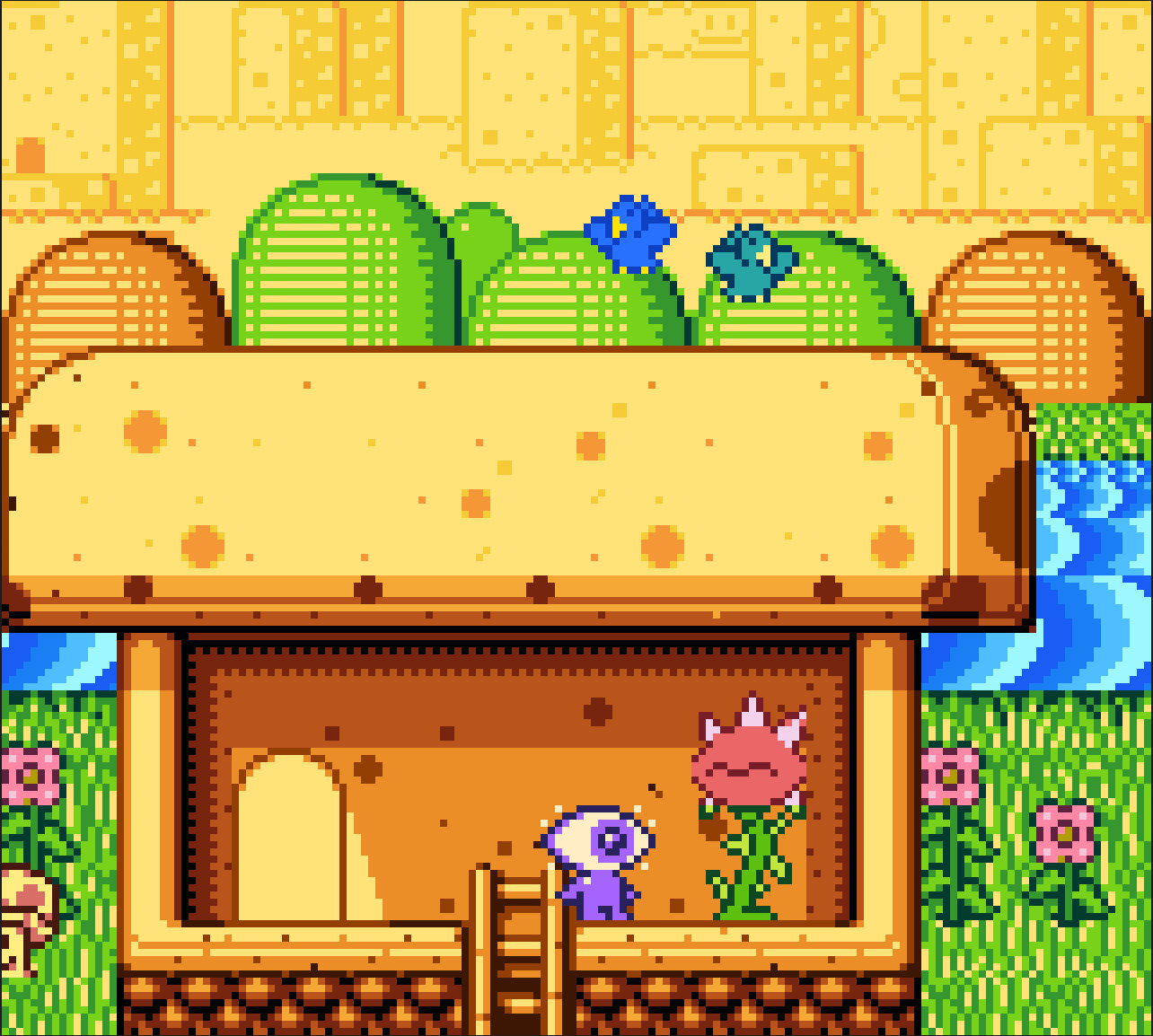 Screenshot of a scene in an abandoned house in front of a river from Wink and the Broken Robot for Gameboy Color